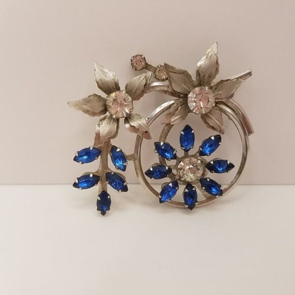 Vintage Blue Clear Glass Rhinestone Floral Brooch & Pendant, Riveted, 2 Inches - Picture 2 of 10